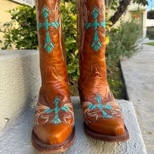 Women's Circle G by Corral Cognac & Turquoise-Beige Wing & Cross Boots L5104 ZDS